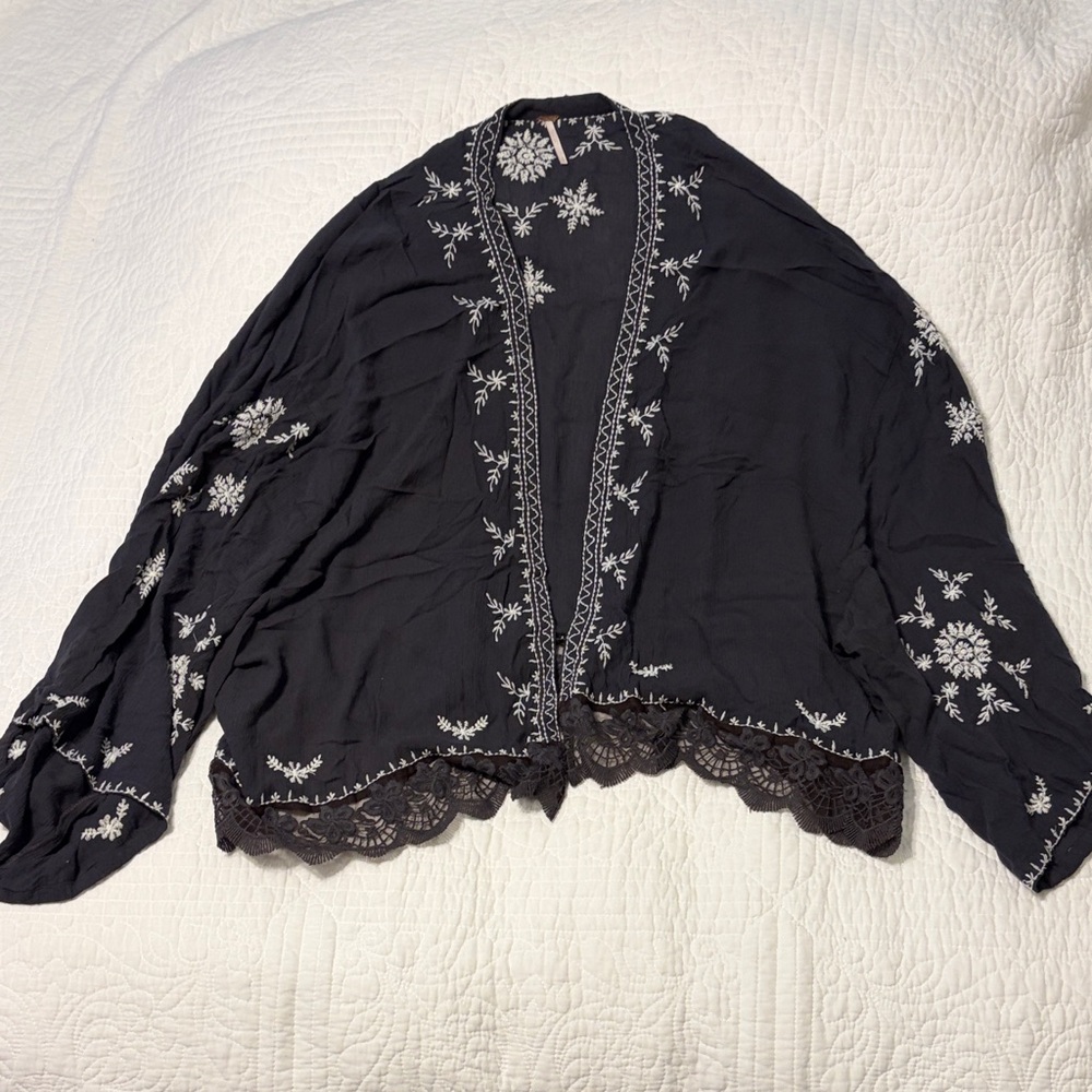 Free People Dark Grey Floral Embroidered shawl